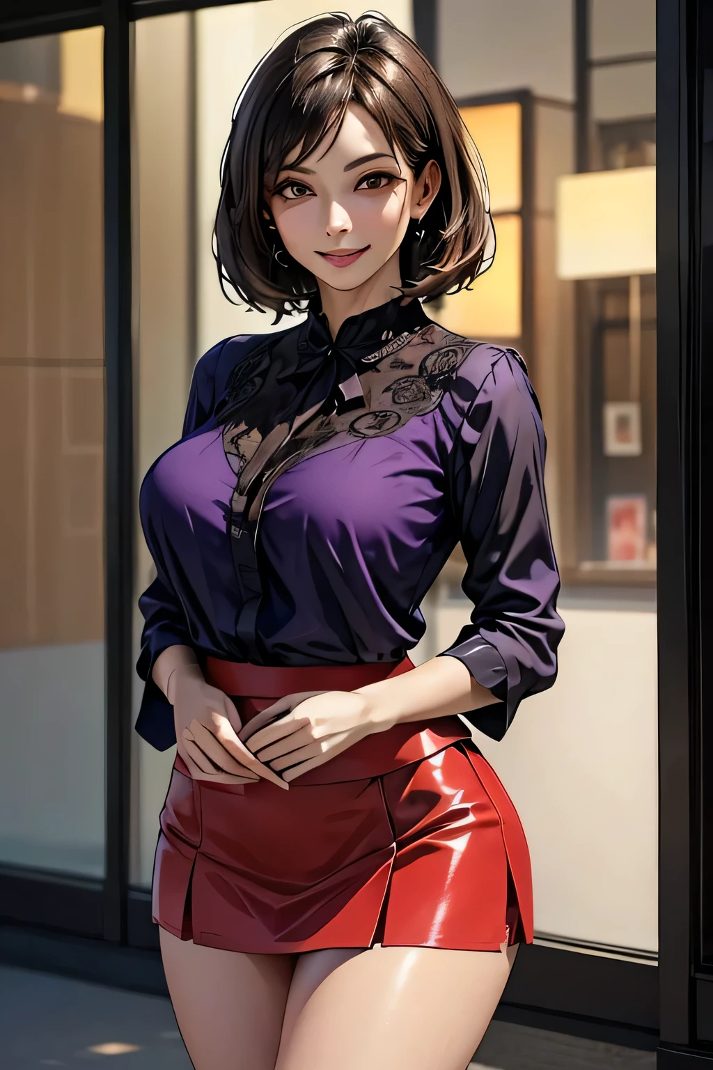 (1 The Ultimate Beautiful Mature Woman), Very detailedな顔, Beautiful brown eyes, double eyelid, Slightly thick detailed lip, Short black hair, (Light purple blouse:1.2), (Red tight mini skirt:1.4), Large Breasts, smile, Thighs, Perfect lighting, (Realistic:1.4), (Very detailed), (Highest quality), (Best Shadow), (masterpiece), Ultra-high resolution, With background: ((Ginza Art Gallery, Tokyo))