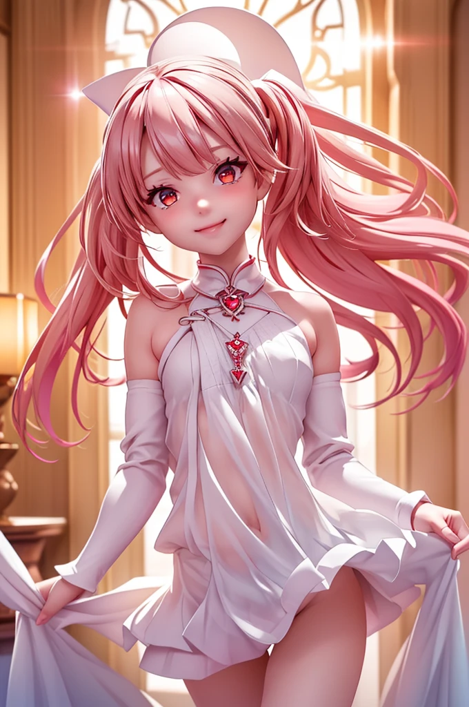 ((best quality, ultra-detailed, high resolution, extremely detailed CG, super detailed, direct light, Most beautiful clean lighting)), 1 girl, beautiful girl, cute girl and idol face, young face, smile, Beautiful long pink hair, twintails, Beautiful shining red eyes, white skin, slender, Short body, divine garment, fantastic landscape, ultimate beauty