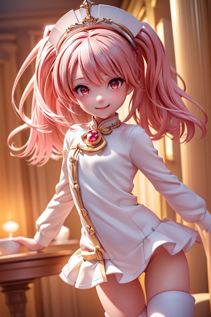 ((best quality, ultra-detailed, high resolution, extremely detailed CG, super detailed, direct light, Most beautiful clean lighting)), 1 girl, beautiful girl, cute girl and idol face, young face, smile, Beautiful long pink hair, twintails, Beautiful shining red eyes, white skin, slender, Short body, divine garment, fantastic landscape, ultimate beauty