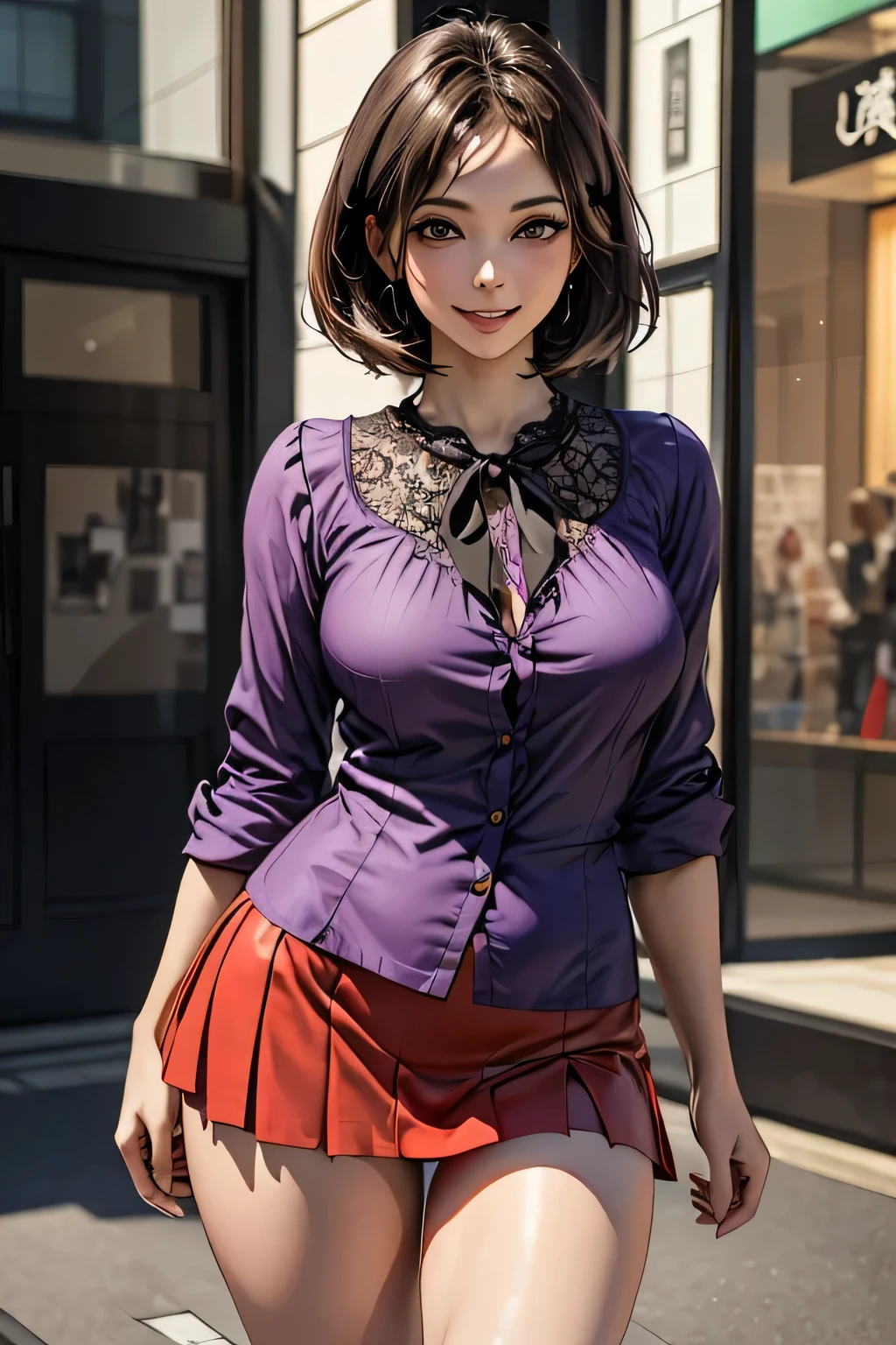 (1 The Ultimate Beautiful Mature Woman), Very detailedな顔, Beautiful brown eyes, double eyelid, Slightly thick detailed lip, Short black hair, (Light purple blouse:1.2), (Red tight mini skirt:1.4), Large Breasts, smile, Thighs, Perfect lighting, (Realistic:1.4), (Very detailed), (Highest quality), (Best Shadow), (masterpiece), Ultra-high resolution, With background: ((Ginza Art Gallery, Tokyo))