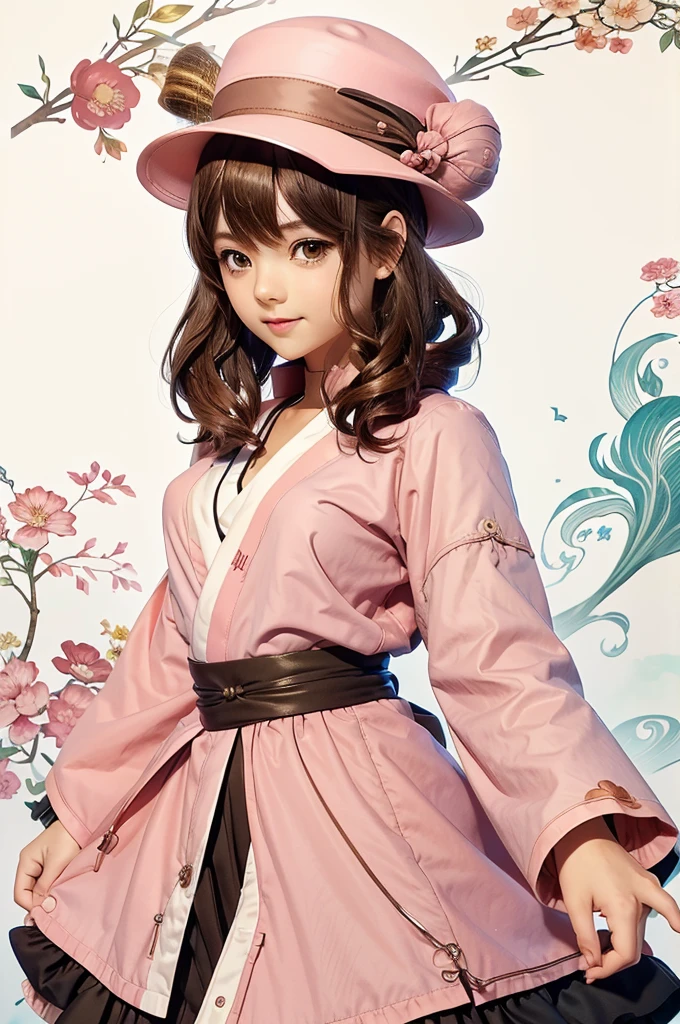 an anime art depicting a girl dressed in a pink dress and a hat, 1girl, solo, brown hair, japanese clothes, jintsuu (kancolle), long hair, kimono, headband, brown eyes