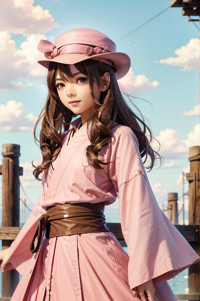 an anime art depicting a girl dressed in a pink dress and a hat, 1girl, solo, brown hair, japanese clothes, jintsuu (kancolle), long hair, kimono, headband, brown eyes