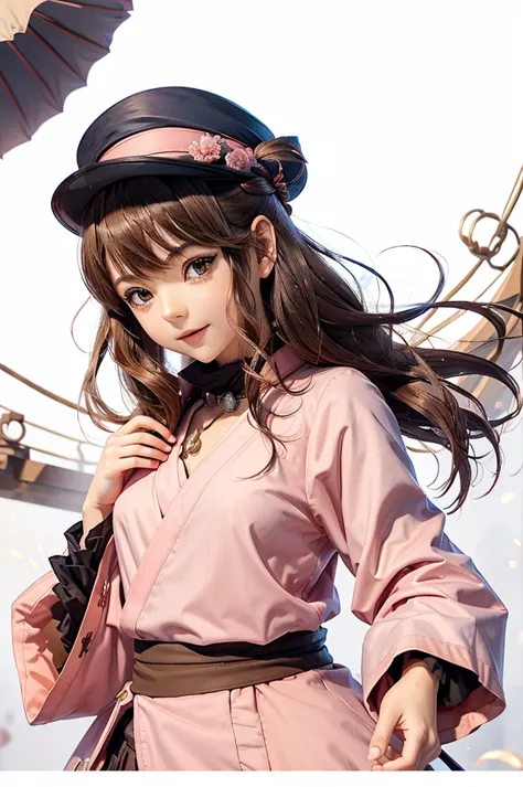 an anime art depicting a girl dressed in a pink dress and a hat, 1girl, solo, brown hair, japanese clothes, jintsuu (kancolle), ...