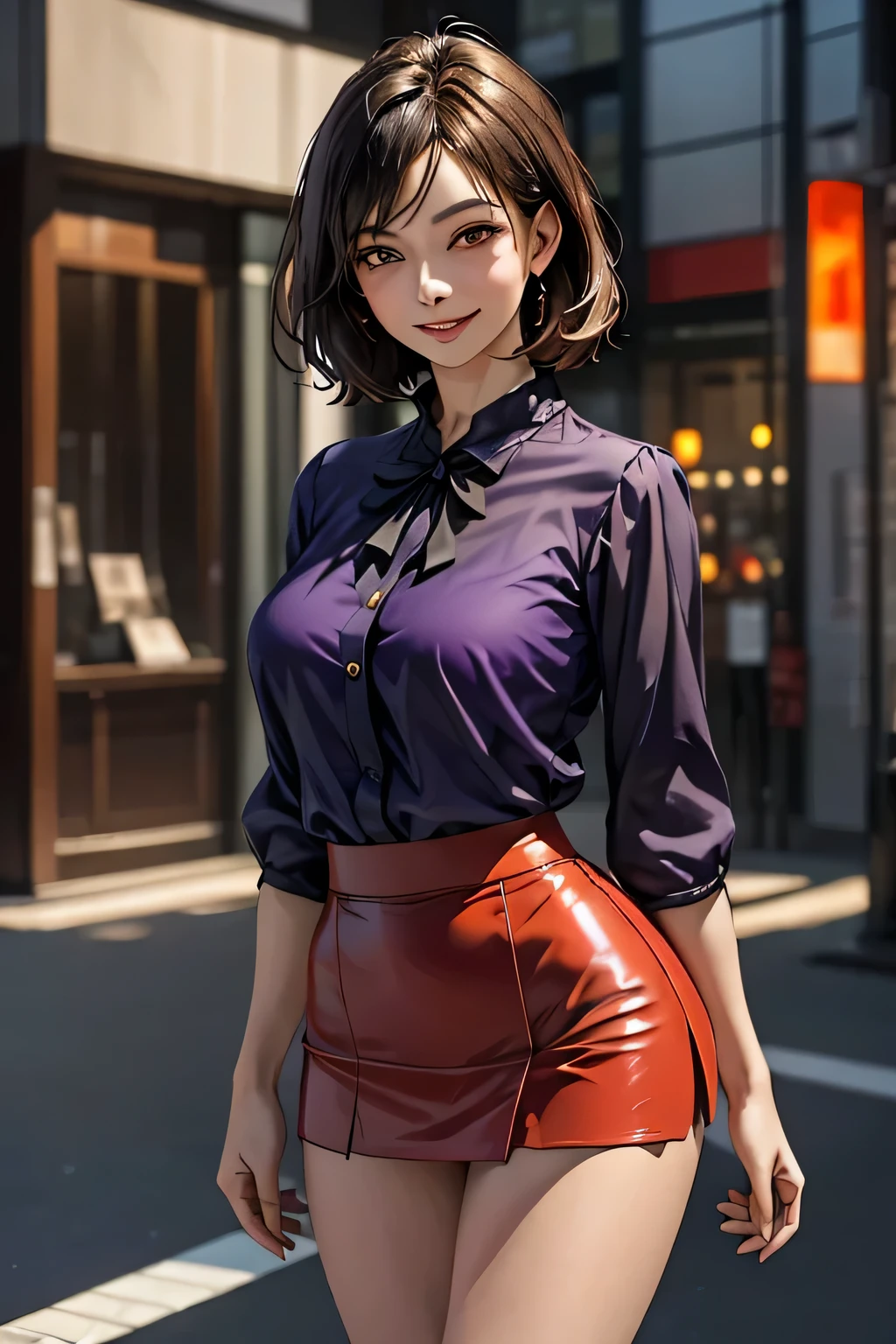 (1 The Ultimate Beautiful Mature Woman), Very detailedな顔, Beautiful brown eyes, double eyelid, Slightly thick detailed lip, Short black hair, (Light purple blouse:1.2), (Red tight mini skirt:1.4), Large Breasts, smile, Thighs, Perfect lighting, (Realistic:1.4), (Very detailed), (Highest quality), (Best Shadow), (masterpiece), Ultra-high resolution, With background: ((Ginza Art Gallery, Tokyo))