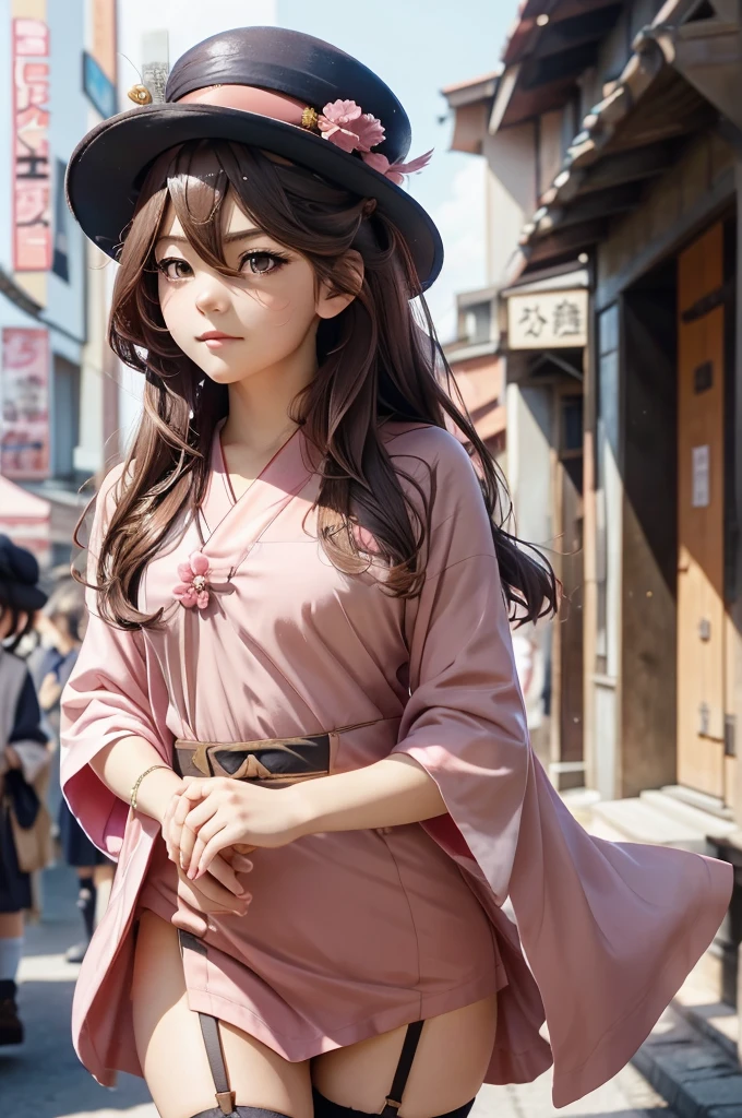 an anime art depicting a girl dressed in a pink dress and a hat, 1girl, solo, brown hair, japanese clothes, jintsuu (kancolle), long hair, kimono, headband, brown eyes