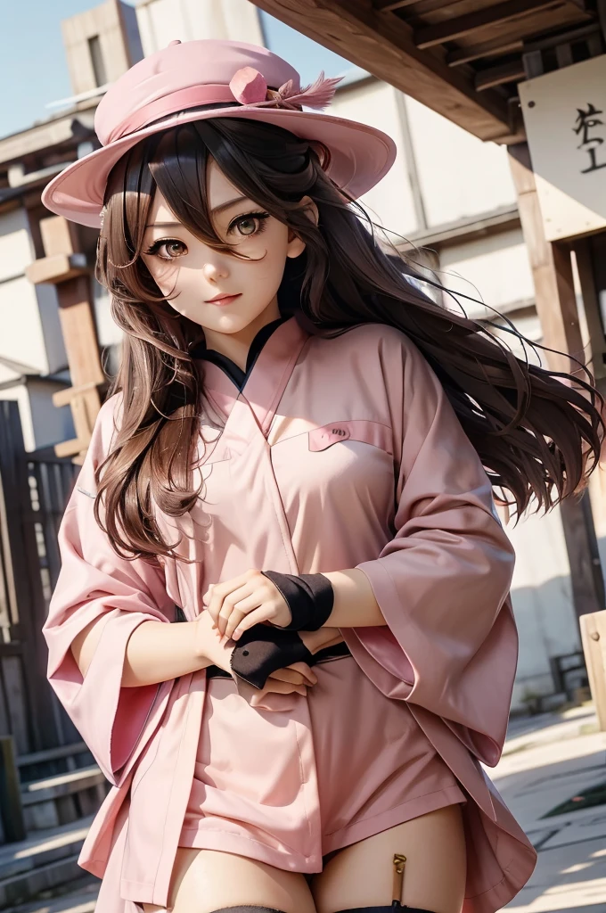 an anime art depicting a girl dressed in a pink dress and a hat, 1girl, solo, brown hair, japanese clothes, jintsuu (kancolle), long hair, kimono, headband, brown eyes