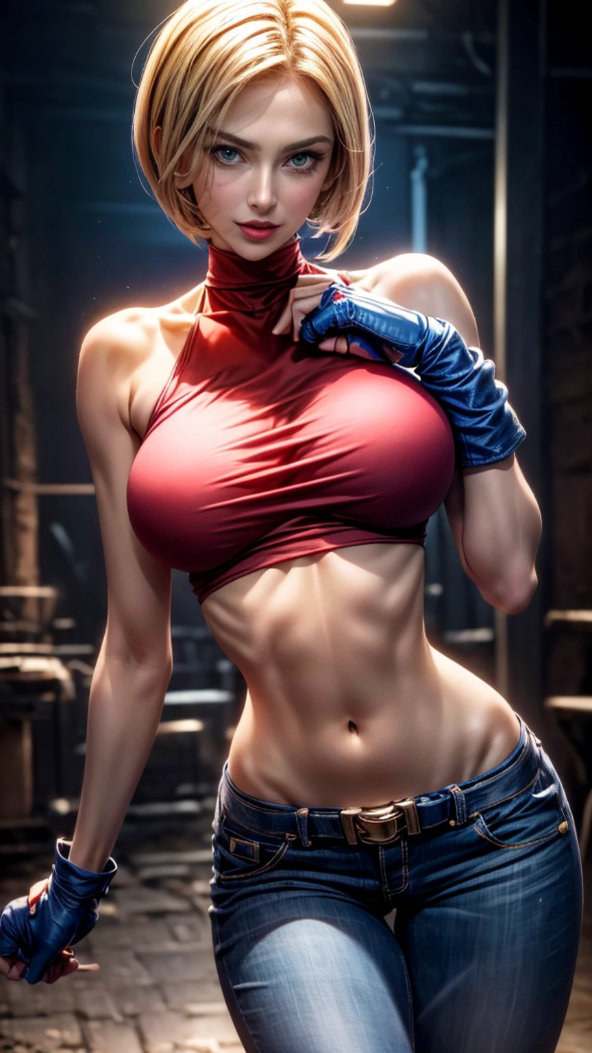 ((dynamic action pose)) ((sexual, the tall and very beautiful Blue Mary from the video game series The King of Fighters)) ((Large bright blue eyes)) ((bully)) ((short blond hair)) ((medium breast:1.5)) ((slender body:1.3)) ((wears a red cropped, blue gloves, jeans with brown belt))  ((Abandoned Military Base)) ((Pale light)) ((a high resolution:1.5)) ((masterpiece:1.5)) ((8 K:1.5)) ((Best quality:1.4)), More_details:-1, More_details:0, More_details:0.5, More_details:1, More_details:1.5, 