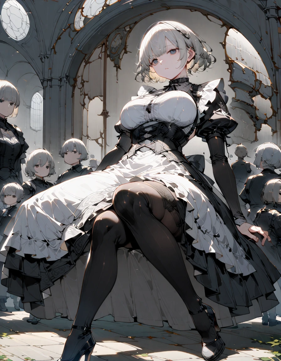 Young beautiful woman,(Highest quality,Extremely detailed depiction,Incredibly absurd high resolution,Anatomically accurate depiction,Curvy Legs,Shiny skin,Porcelain-like skin),(Black and white gothic maid outfit,Maid Skirt,corset,black tights,High heels),eyelash,(Silver Hair,Black Eyes,Eyes half closed:1.5,Large Breasts,Glossy black lips:1.2,Heavy makeup,Pottery vaseを手に持ち運んでいる:1.5),Sweat:0.8,(whole body),background:Bright corridor of the castle,Pottery vase,