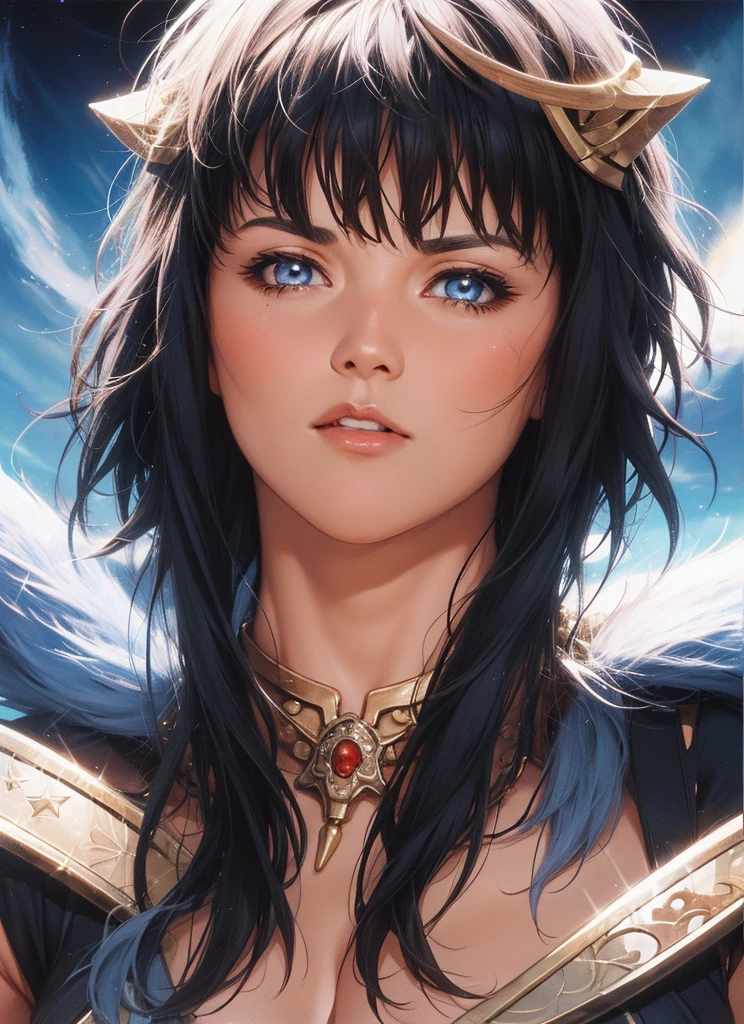 (Xena) (Cute face) (Nice body) (Highly detailed) (Highest quality) (nebula background) (large breasts) (godly aura)