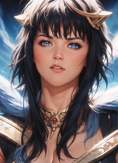 (xena) (cute face) (nice body) (highly detailed) (highest quality) (nebula background) (large breasts) (godly aura)