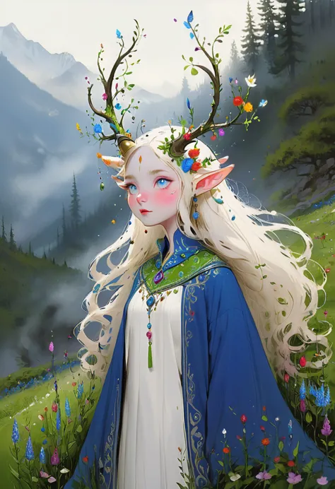 fantastical bell, blue eyes, horns, pointy ears, antlers, colored skin, white skin with whimsical elements, flowers and swirling...