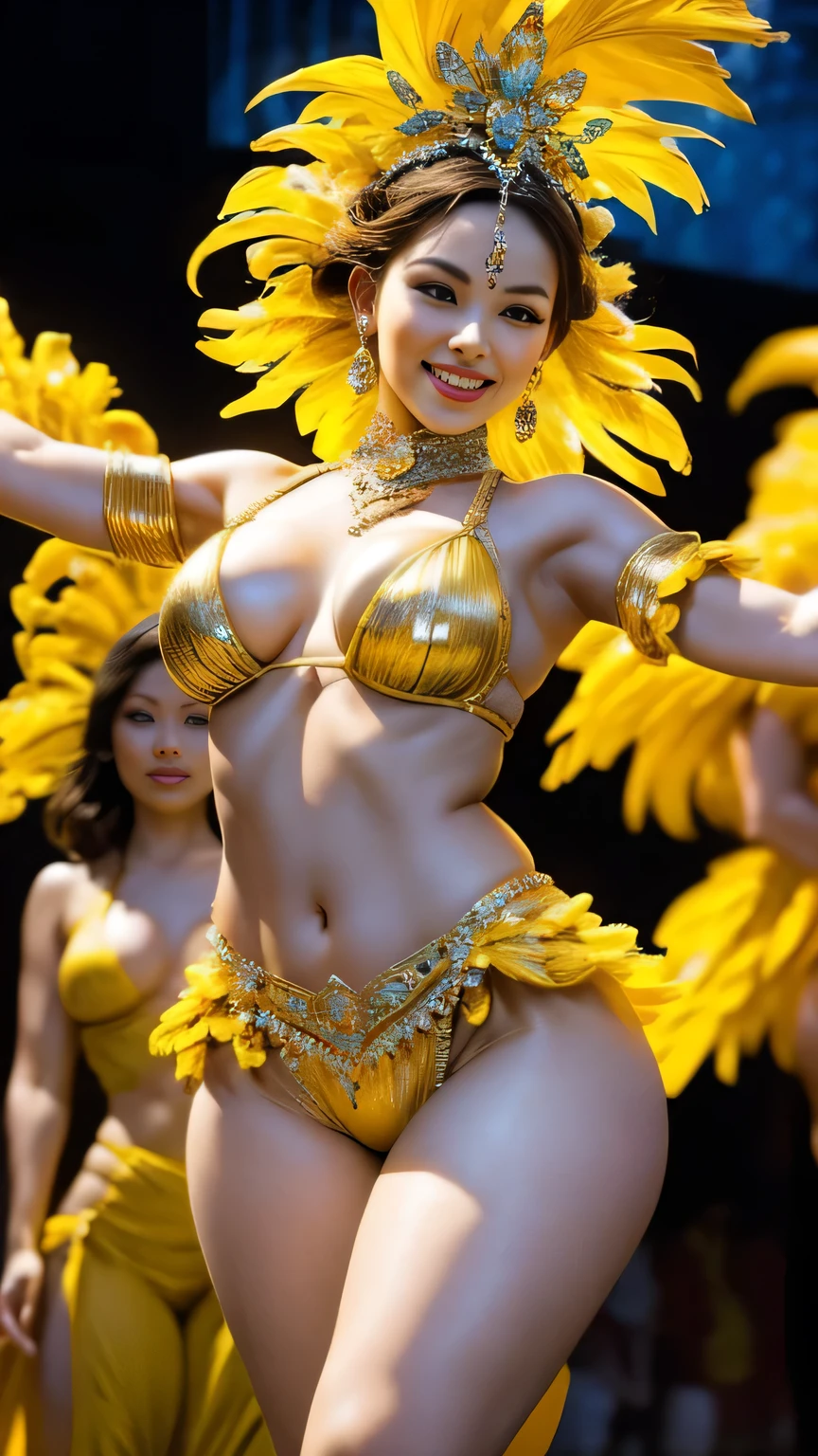 The vibrant 8K resolution image captures the 20-year-old Asian beauty mid-dance, her skin glowing under the vibrant Brazilian samba carnival lights. Her precise and perfect anatomy, her detailed face with sparkling eyes and endearing smile are depicted in a thigh-high-up shot, with the background blurred to accentuate her dynamic pose. She is wearing a flashy samba dance headdress and outfit. She is wearing a flashy, colorful outfit that accentuates her ample breasts, her beautifully braided trendy hair, and her sensual gaze that exudes seductive and sexy energy. This samba dancer's body is a masterpiece of proportion, from her slim waist to her wide, shapely hips, with her thigh gap and sexy thighs adding to her allure. As she changes poses, her golden-proportioned face glows with golden light, highlighting her flawless features. The result is a visually stunning and seductive image, a true masterpiece of beauty and sensuality. Her beautiful face and hourglass figure are clearly visible in the lighting.