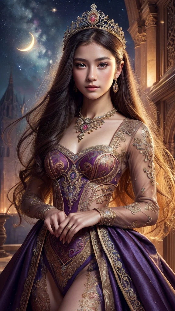 A beautiful princess, elegant, detailed, cute, (Rubensian), (Romanesque Background), (Night Sky), elegant detailed dress, (art：dgtlv2、Henry Asensio、Jean Chin、Josephine Wall、Edwin Deakin), (masterpiece), (Excellent anatomy), masterpiece, Ultra-high resolution, highly detailed