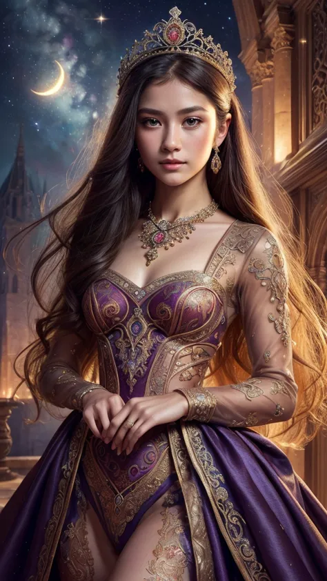 a beautiful princess, elegant, detailed, cute, (rubensian), (romanesque background), (night sky), elegant detailed dress, (art：d...