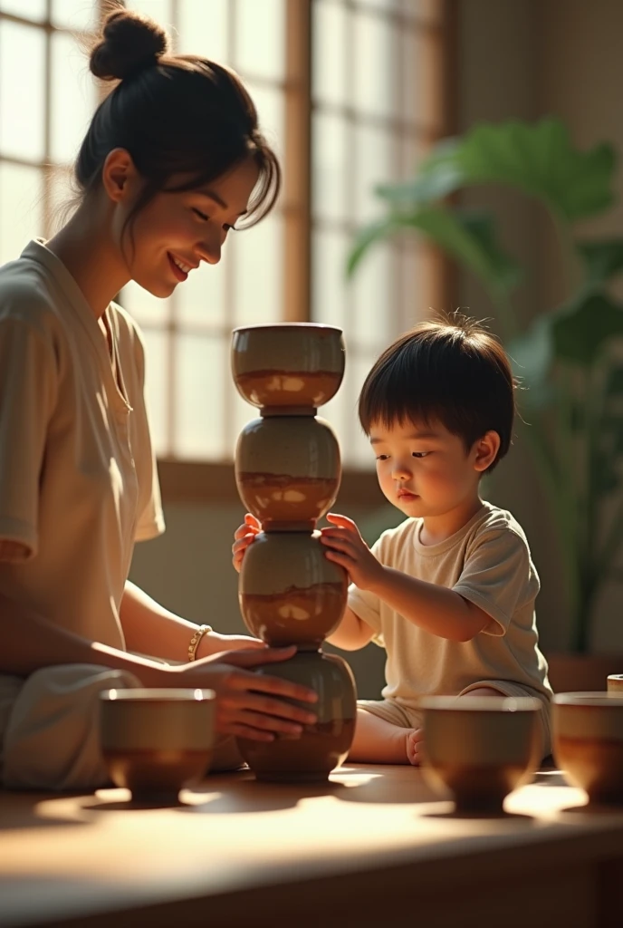 Ultra-realistic. Cinema 4D rendering. Ceramics. A child is playing with Ariake ware pots, stacking them like building blocks, higher than his height. His mother looks happy watching this, but is it okay? Cinematic lighting.