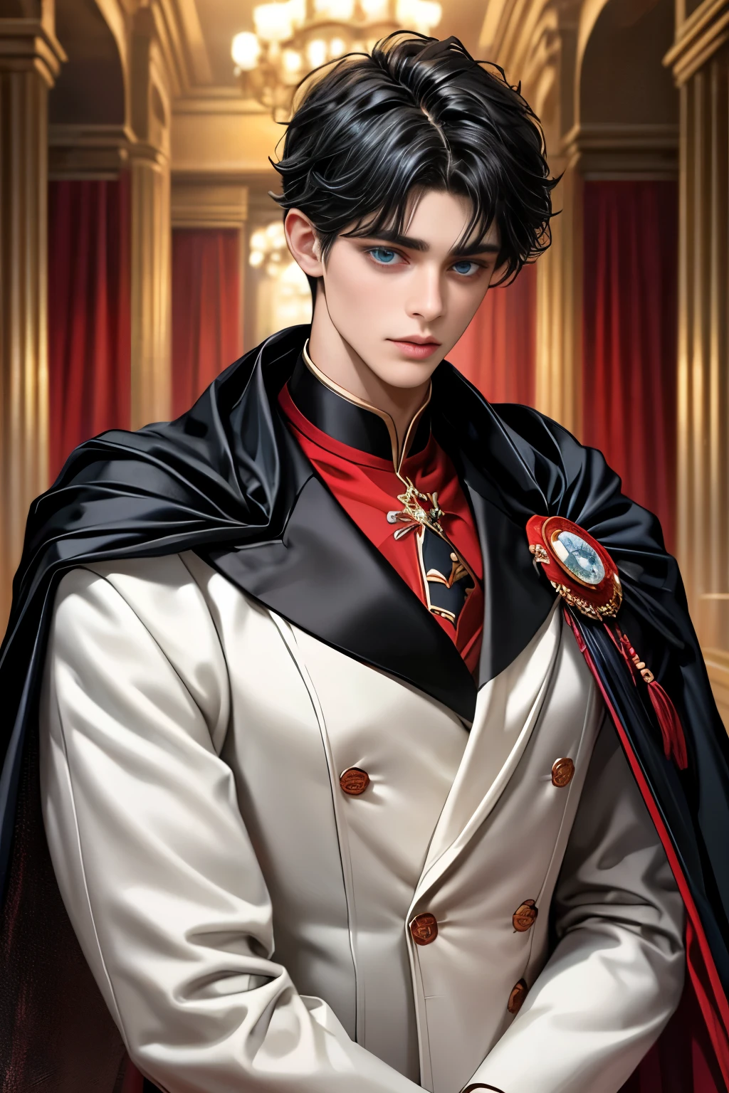 masterpiece, 最high quality, high quality, 1 boy, alone, Male focus, Upper Body,Watching the audience, Messy black hair, Adorable big blue eyes, White, Noble, Noble,A black and red cape that is bursting with sexy volume、Tuxedo、A very voluminous, large, very large, very large, long, long red and black cape with a high stand-up collar, made of a lot of fabric that reaches down to the floor., ,cute beautiful,Cute, cute, kind, handsome guy