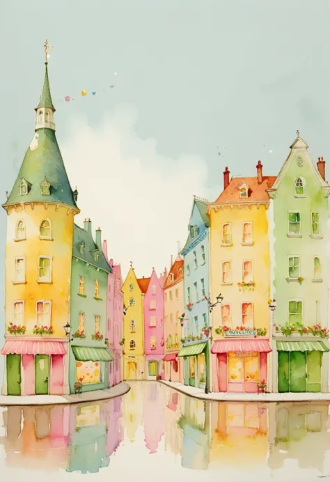 watercolor painting,a whimsical cityscape in pastel watercolor, with charming buildings and a light, airy feel, and the text "pa...