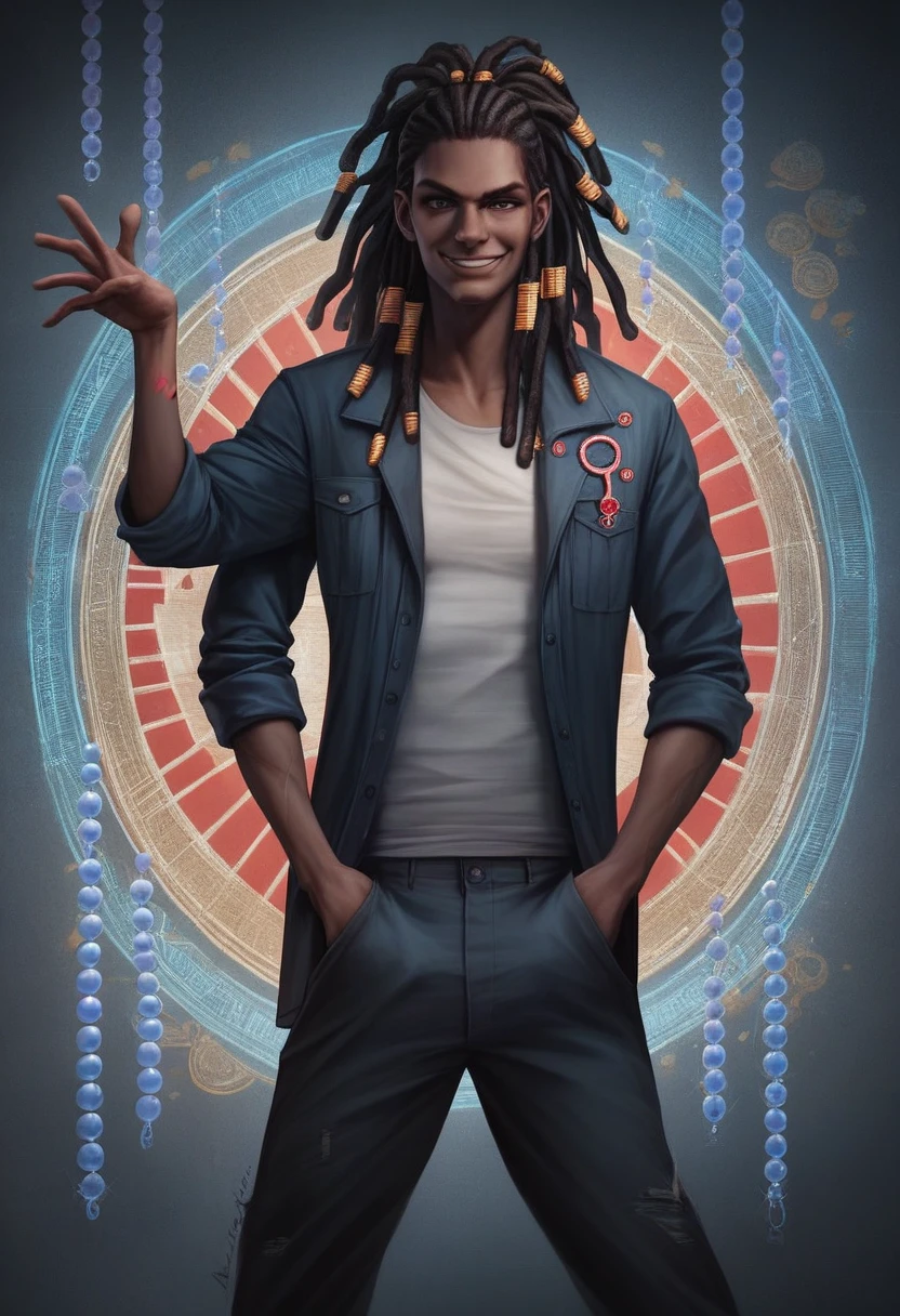 (masterpiece:1.2), (best quality), (ultra detailed), (8k, 4k, intricate),(half-body-shot:1), (highly detailed:1.2),(detailed background:1.2), facing the viewer, dynamic pose(hands in pocket pose), smirking, dreadlocks, dread hair, dreadlocks with beads, mixed halfwhite black man in fantasy roguish outfit wear, high detail, 3, buff, faded haircut , 8k, mystical, magical, ultra hd, realistic, vivid colors, He wears a blue trenchcoat and a tank top underneath. His trousers are pure white with a black cover over his right leg connected to one of his two belts. His shoes are a bright golden hue and large tattoos decorate a great deal of his body, including his chest and neck 
highly detailed, UHD drawing