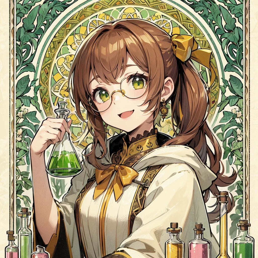 absurdres, best quality, fine detailed, 8k, anime coloring, 1girl, Brown hair, green eyes, ponytail, white gothic fantasy robe, yellow ribbon, smile, ribbon hair ornament, glasses, earrings, hood, yellow collar, beaker, flask, laboratory equipment, Mucha style frame background, arabesque pattern, plants