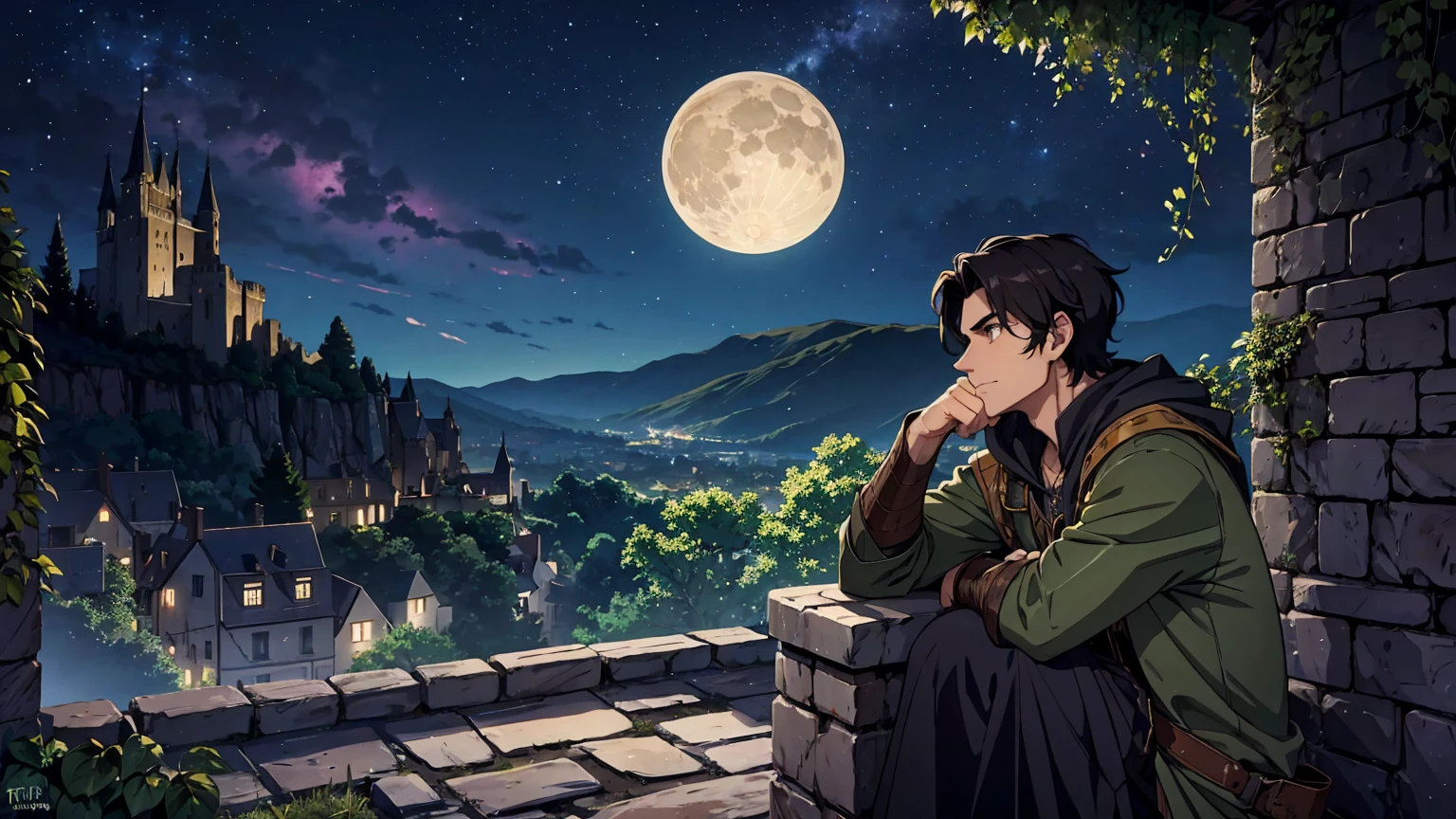 A rugged male adventurer with short dark hair, sitting on the edge of an ancient castle's balcony under a starry night sky, drinking from a tankard of ale. He is wearing worn leather armor with a dark green cloak draped over his shoulders. His posture is relaxed as he leans against the stone wall, gazing up at the expansive night sky filled with countless stars and a bright, glowing moon. The castle is partially in ruins, with ivy creeping up the stone walls, adding to the sense of ancient mystery. The atmosphere is calm and contemplative, with a gentle breeze rustling the leaves and the soft sounds of night adding to the scene's serenity.