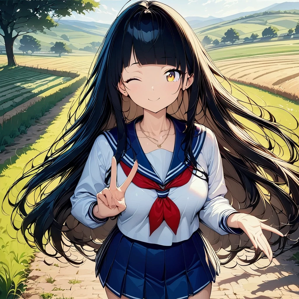 (((anime))) Woman blinking,peace sign,cute,student,Long Hair,Fluffy long hair,(Black Hair),Diagonal bangs,necklace,Yellow Eyes,Big Eyes Sailor Suit,mini skirt,stroll,countryside,Many fields,sunlight,masterpiece,Highest quality,Exquisite,8k,Absurd,Ultra-fine illustrations,(View your audience)