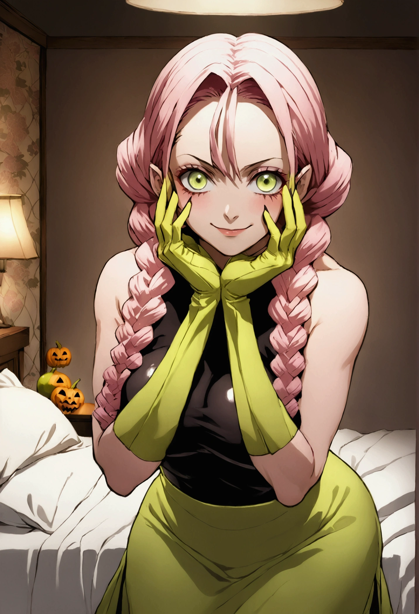 Mitsuri kanroji from demon slayer, one mature adult women , wearing Halloween dress, Halloween decorations, in her bedroom , photo session, Hands up fixing hair pose, looking towards camera , full body visible ,((long light pink hair that fades into a lime green color at the halfway point)), which she wears in three thick braids  ,  pale green eyes with small moles under each eye, anime style , anime style, pastel colours , human body structure, proper body proportion, a bit bigger breast , ((wolverine cosplay)) , smiling expression 