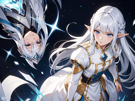 close-up of a person in a white outfit holding a sword, white-haired god, silver-skinned male elf, silver ice-colored reflective...