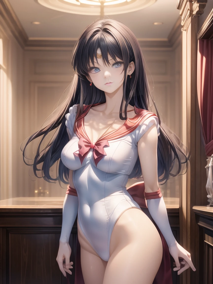 Highest quality、Rei Hino、Beautiful breasts、Red leotard、Red ribbon at waist、Cleavage、