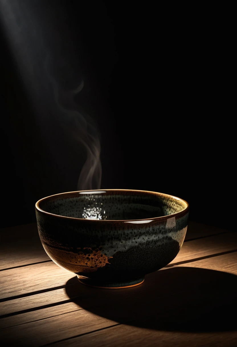 a beautifully detailed and realistic Japanese Yohen Tenmoku tea bowl, professional lighting, dramatic dark background, dramatic spotlight, high quality, 8k, hyperrealistic, intricate details, photorealistic, studio lighting, dramatic lighting, chiaroscuro, dramatic shadows, moody atmosphere, deep blacks, warm colors, earthy tones, glazed ceramic surface, imperfect textures, wabi-sabi aesthetic, expertly crafted