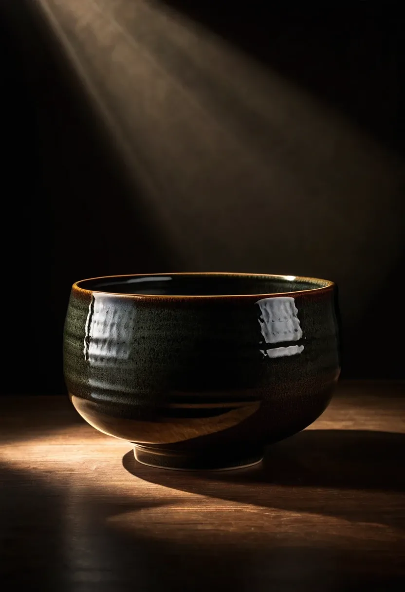 a beautifully detailed and realistic Japanese Yohen Tenmoku tea bowl, professional lighting, dramatic dark background, dramatic spotlight, high quality, 8k, hyperrealistic, intricate details, photorealistic, studio lighting, dramatic lighting, chiaroscuro, dramatic shadows, moody atmosphere, deep blacks, warm colors, earthy tones, glazed ceramic surface, imperfect textures, wabi-sabi aesthetic, expertly crafted