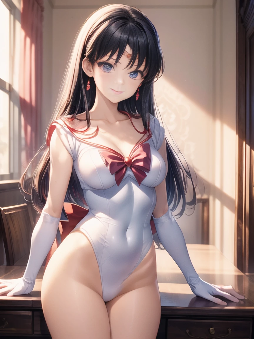 Highest quality、Rei Hino、Beautiful breasts、Red leotard、Red ribbon at waist、Cleavage、Cute face、smile、