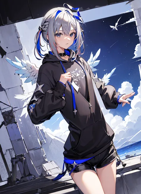 the four canatas,hololive,gray hair,angel halo,(cool pose,dynamic pose,black hoodieを羽織る,black shorts),night sky,top view,(one gi...