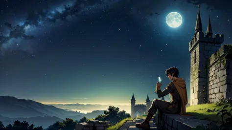 a rugged male adventurer with short dark hair, sitting on the edge of an ancient castle's balcony under a starry night sky, drin...