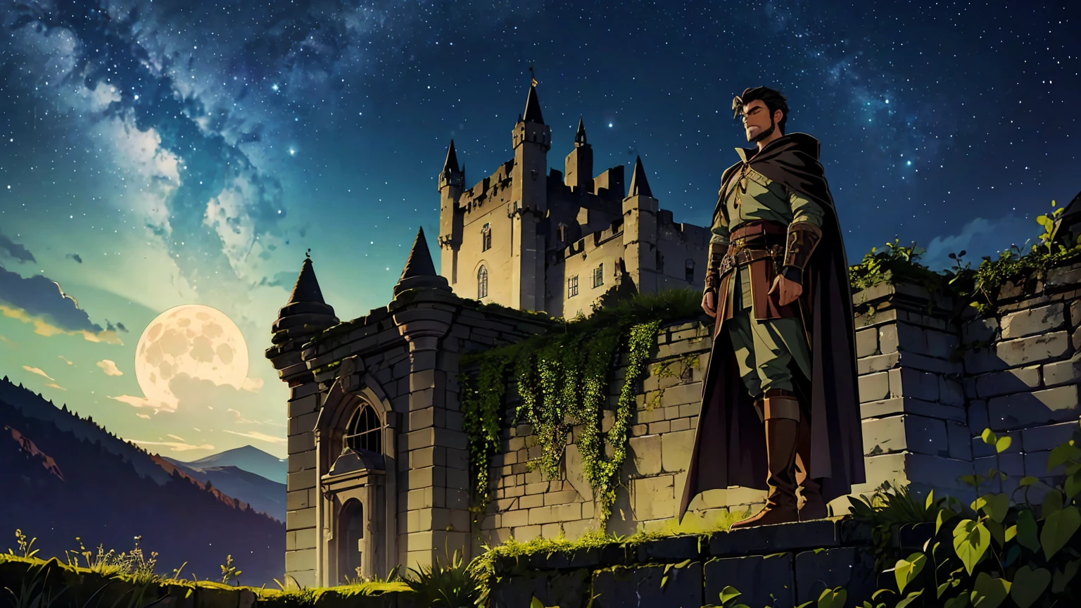 A rugged male adventurer with short dark hair, sitting on the edge of an ancient castle's balcony under a starry night sky, drinking from a tankard of ale. He is wearing worn leather armor with a dark green cloak draped over his shoulders. His posture is relaxed as he leans against the stone wall, gazing up at the expansive night sky filled with countless stars and a bright, glowing moon. The castle is partially in ruins, with ivy creeping up the stone walls, adding to the sense of ancient mystery. The atmosphere is calm and contemplative, with a gentle breeze rustling the leaves and the soft sounds of night adding to the scene's serenity.