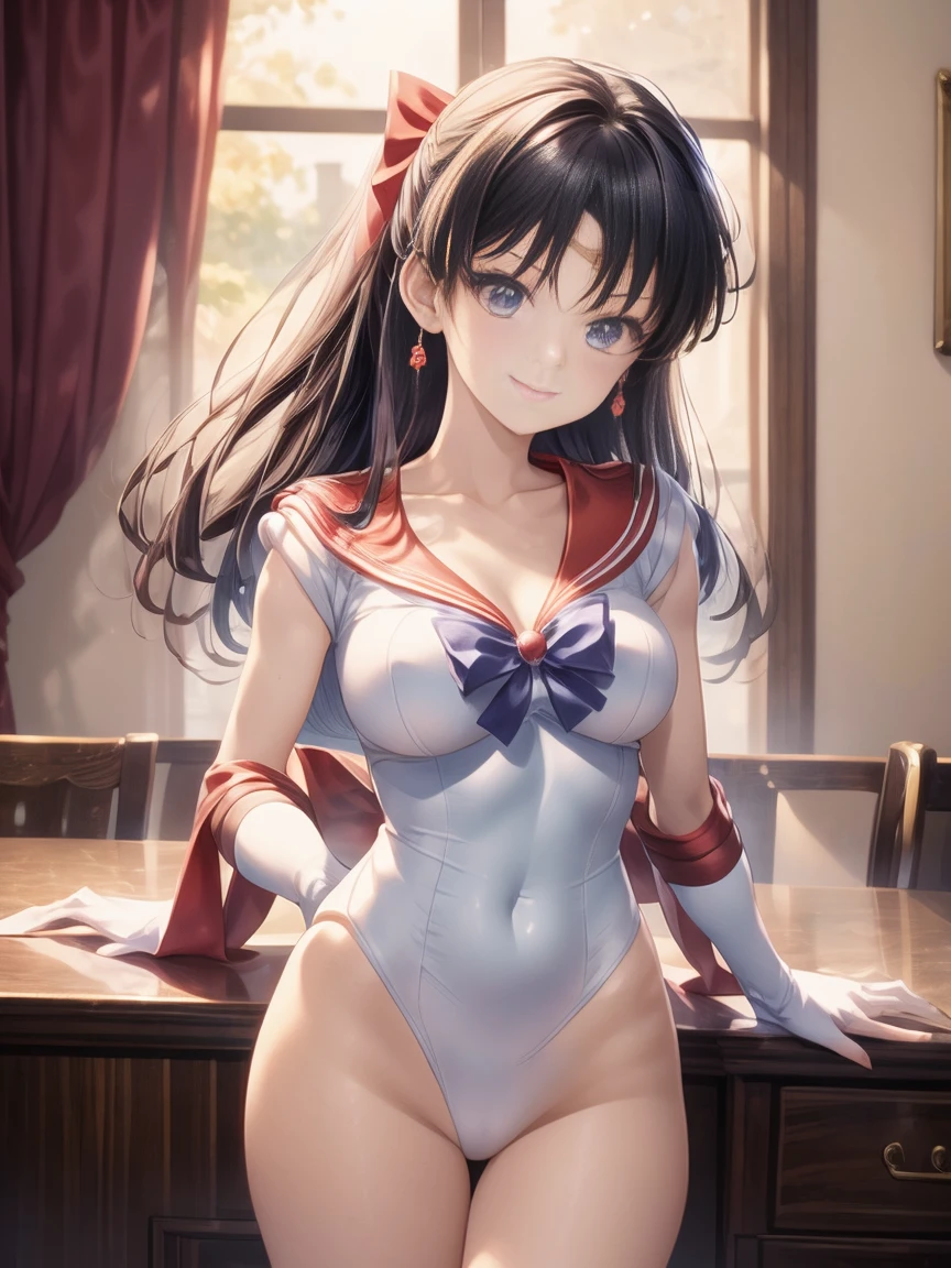 Highest quality、Rei Hino、Big Breasts、Red leotard、Red ribbon at waist、Cleavage、Cute face、smile、