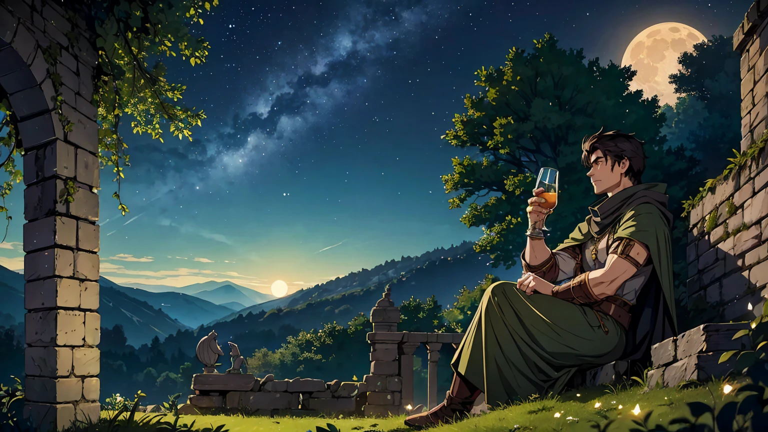 A rugged male adventurer with short dark hair, sitting on the edge of an ancient castle's balcony under a starry night sky, drinking from a tankard of ale. He is wearing worn leather armor with a dark green cloak draped over his shoulders. His posture is relaxed as he leans against the stone wall, gazing up at the expansive night sky filled with countless stars and a bright, glowing moon. The castle is partially in ruins, with ivy creeping up the stone walls, adding to the sense of ancient mystery. The atmosphere is calm and contemplative, with a gentle breeze rustling the leaves and the soft sounds of night adding to the scene's serenity.