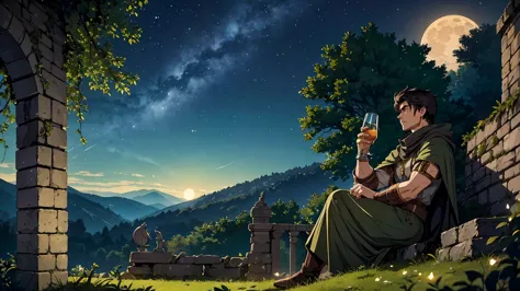 a rugged male adventurer with short dark hair, sitting on the edge of an ancient castle's balcony under a starry night sky, drin...