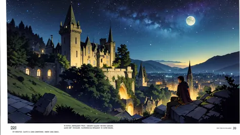 a rugged male adventurer with short dark hair, sitting on the edge of an ancient castle's balcony under a starry night sky, drin...