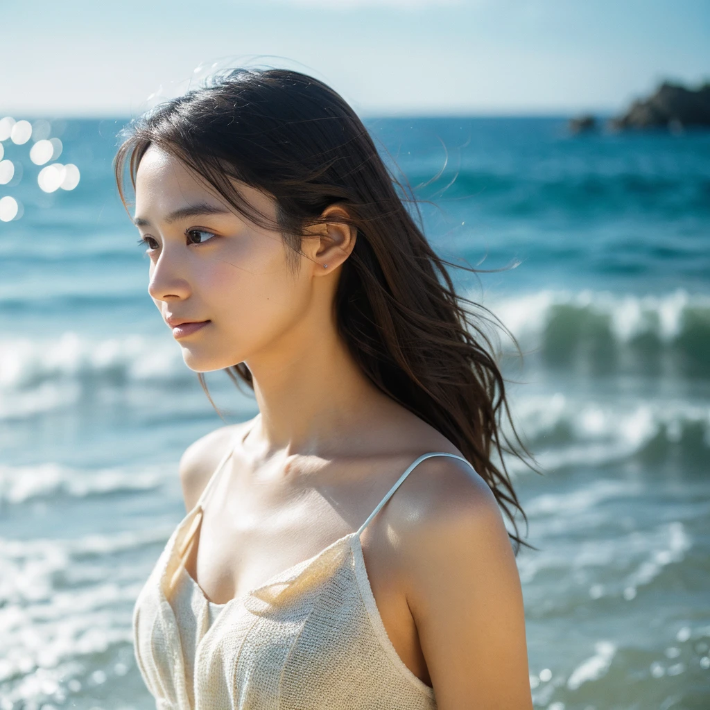 A hyper-realistic image of a single Japanese woman in her early 20s, captured with the nostalgic warmth and subtle graininess of a film camera, with the focus on her upper body from the shoulders up against a serene seaside backdrop. Her skin has a warm beige tone with a natural, slightly rough texture that includes visible pores, fine lines, and subtle imperfections such as small blemishes, adding to the authenticity of her appearance. The soft, diffused natural light reflects off the ocean waves, casting gentle, warm shadows across her face and shoulders, enhancing the film-like quality and creating a timeless, organic feel. Her straight, glossy black hair is slightly tousled by the ocean breeze, naturally framing her face, and her deep brown eyes reflect the soft light of the seaside, adding depth and emotion. The background subtly captures the peaceful ocean scenery with a glimpse of rolling waves and a faint horizon, blurred to maintain focus on her expression. The film camera effect introduces a slight grain and a softer focus, giving the image a warm, nostalgic atmosphere while maintaining the realistic texture of her skin. She is wearing a light, airy top that complements her natural beauty and the beach setting, with the overall composition designed to evoke a sense of genuine, understated elegance and connection with nature.