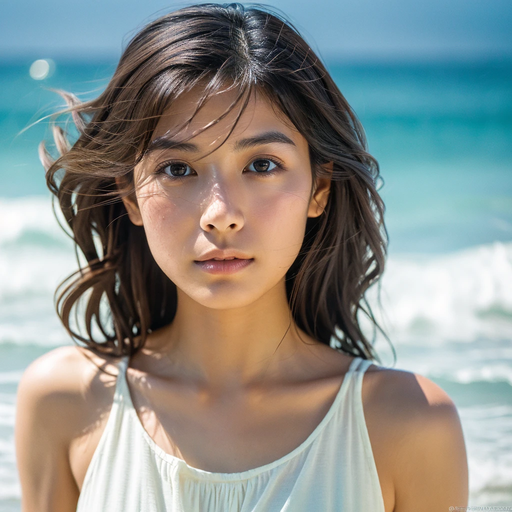 A hyper-realistic image of a single Japanese woman in her early 20s, captured with the nostalgic warmth and subtle graininess of a film camera, with the focus on her upper body from the shoulders up against a serene seaside backdrop. Her skin has a warm beige tone with a natural, slightly rough texture that includes visible pores, fine lines, and subtle imperfections such as small blemishes, adding to the authenticity of her appearance. The soft, diffused natural light reflects off the ocean waves, casting gentle, warm shadows across her face and shoulders, enhancing the film-like quality and creating a timeless, organic feel. Her straight, glossy black hair is slightly tousled by the ocean breeze, naturally framing her face, and her deep brown eyes reflect the soft light of the seaside, adding depth and emotion. The background subtly captures the peaceful ocean scenery with a glimpse of rolling waves and a faint horizon, blurred to maintain focus on her expression. The film camera effect introduces a slight grain and a softer focus, giving the image a warm, nostalgic atmosphere while maintaining the realistic texture of her skin. She is wearing a light, airy top that complements her natural beauty and the beach setting, with the overall composition designed to evoke a sense of genuine, understated elegance and connection with nature.