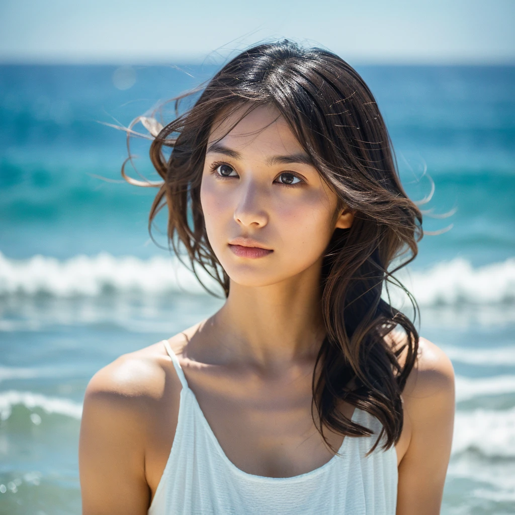 A hyper-realistic image of a single Japanese woman in her early 20s, captured with the nostalgic warmth and subtle graininess of a film camera, with the focus on her upper body from the shoulders up against a serene seaside backdrop. Her skin has a warm beige tone with a natural, slightly rough texture that includes visible pores, fine lines, and subtle imperfections such as small blemishes, adding to the authenticity of her appearance. The soft, diffused natural light reflects off the ocean waves, casting gentle, warm shadows across her face and shoulders, enhancing the film-like quality and creating a timeless, organic feel. Her straight, glossy black hair is slightly tousled by the ocean breeze, naturally framing her face, and her deep brown eyes reflect the soft light of the seaside, adding depth and emotion. The background subtly captures the peaceful ocean scenery with a glimpse of rolling waves and a faint horizon, blurred to maintain focus on her expression. The film camera effect introduces a slight grain and a softer focus, giving the image a warm, nostalgic atmosphere while maintaining the realistic texture of her skin. She is wearing a light, airy top that complements her natural beauty and the beach setting, with the overall composition designed to evoke a sense of genuine, understated elegance and connection with nature.