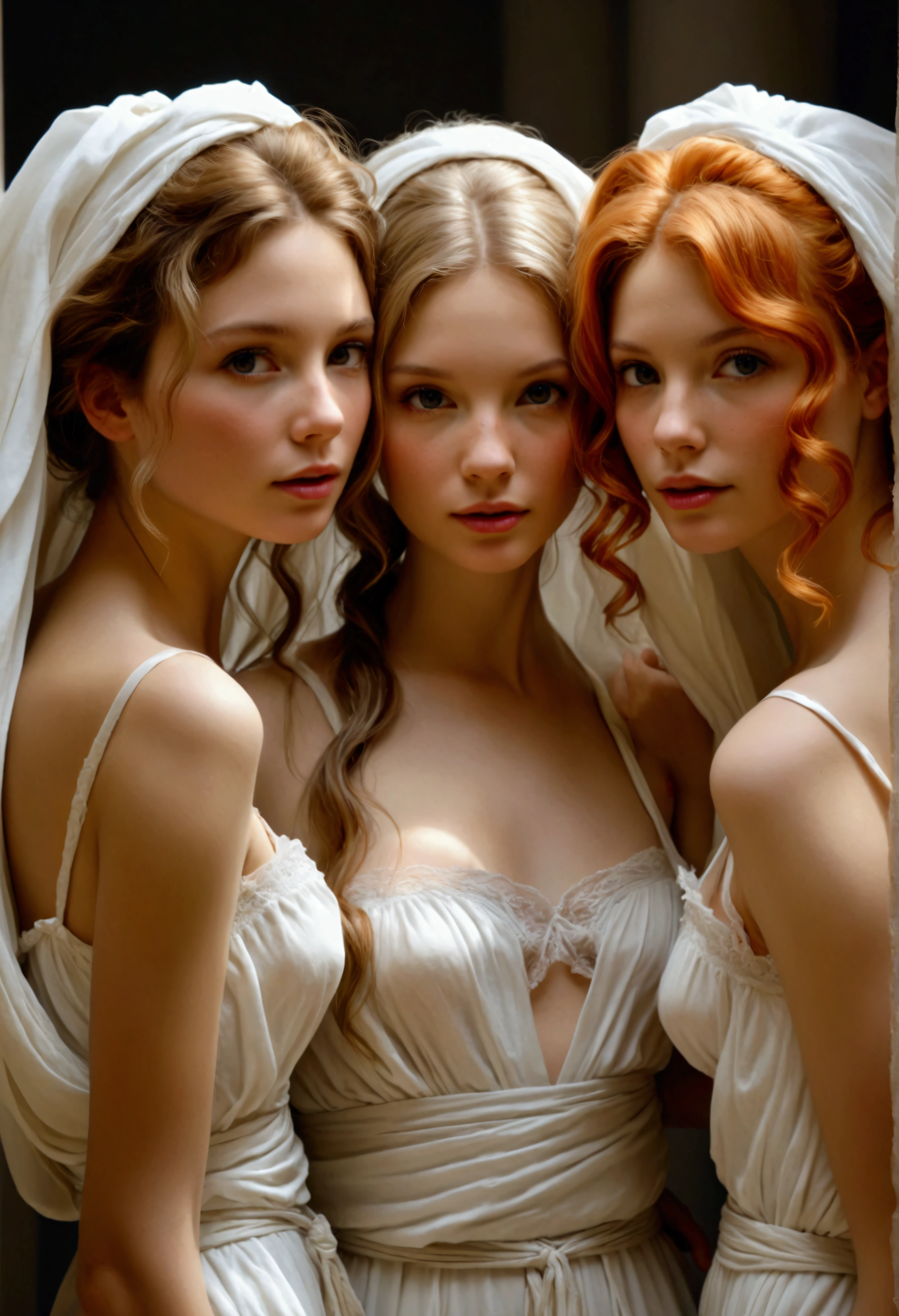 "Capture a stunning, realistic photograph featuring three female models posed together in a way that embodies grace, beauty, and charm, inspired by Antonio Canova’s The Three Graces. The models should stand closely together, their bodies gently touching in a tender embrace that highlights their connection. They should wear maiden robe, enhancing their natural curves. Their hair should be styled in soft, flowing waves that complement the overall graceful aesthetic. The lighting should be warm and soft, casting a gentle glow on their skin and creating a sense of intimacy. The composition should be carefully balanced, emphasizing the harmony and elegance of their poses, capturing the timeless beauty of The Three Graces in a modern, lifelike interpretation with real people."
