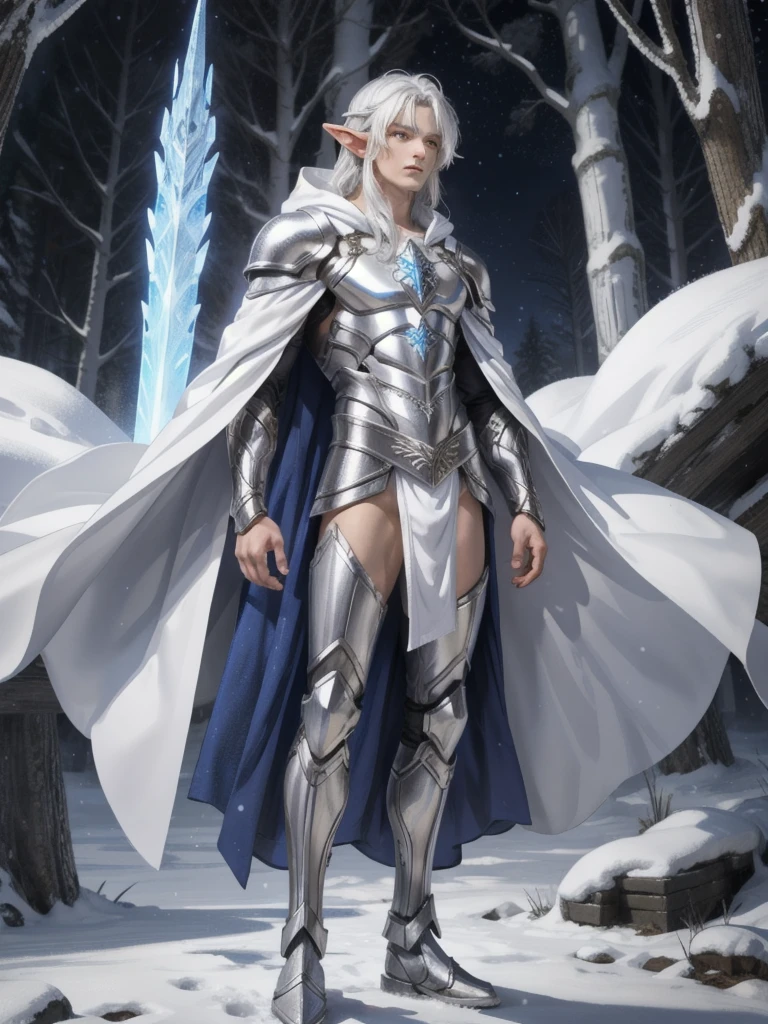 Male Elf,Upper body naked、Person wearing a white cloak, Long white haired god, Silver-skinned male elf, Silver ice-colored reflective armor, Silver eyes full body, A delicate androgynous prince, God of Winter