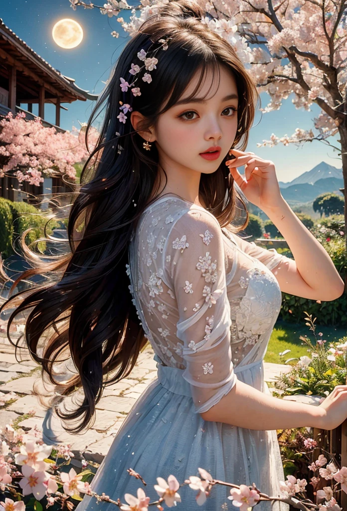 masterpiece, best quality, night, mountain, full moon, long black hair, female, firefly, star, Mysterious Cherry Blossom Tree, pink leaves, high quality, beautiful graphics, high detail