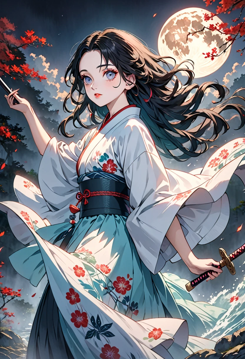 A long-haired anime character holding a sword in front of a full moon, cute face inspired by Kimetsu no Yaiba, Yoriichi Tsugikuni, Kimetsu no Yaiba art style, Kimetsu no Yaiba anime illustration, Tanjiro Kamado, (best quality,4k,8k,highres,masterpiece:1.2),ultra-detailed,(realistic,photorealistic,photo-realistic:1.37),highly detailed face, beautiful detailed eyes, beautiful detailed lips, extremely detailed eyes and face, long eyelashes, dramatic lighting, dark moody atmosphere, cinematic composition, ethereal, mystical, atmospheric, vibrant colors, dynamic pose, flowing hair, intricate details, award winning digital art, artstation