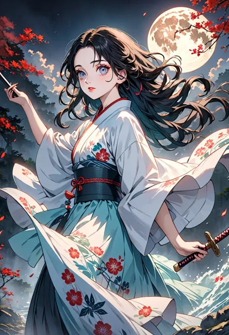 a long-haired anime character holding a sword in front of a full moon, cute face inspired by kimetsu no yaiba, yoriichi tsugikun...