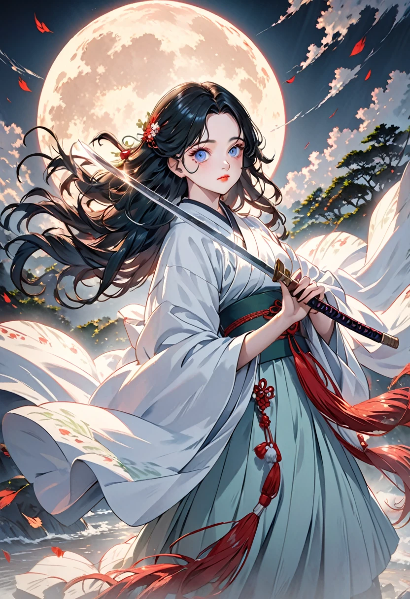 A long-haired anime character holding a sword in front of a full moon, cute face inspired by Kimetsu no Yaiba, Yoriichi Tsugikuni, Kimetsu no Yaiba art style, Kimetsu no Yaiba anime illustration, Tanjiro Kamado, (best quality,4k,8k,highres,masterpiece:1.2),ultra-detailed,(realistic,photorealistic,photo-realistic:1.37),highly detailed face, beautiful detailed eyes, beautiful detailed lips, extremely detailed eyes and face, long eyelashes, dramatic lighting, dark moody atmosphere, cinematic composition, ethereal, mystical, atmospheric, vibrant colors, dynamic pose, flowing hair, intricate details, award winning digital art, artstation