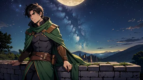 a rugged male adventurer with short dark hair, relaxing on the edge of an ancient castle's balcony under a starry night sky. he ...