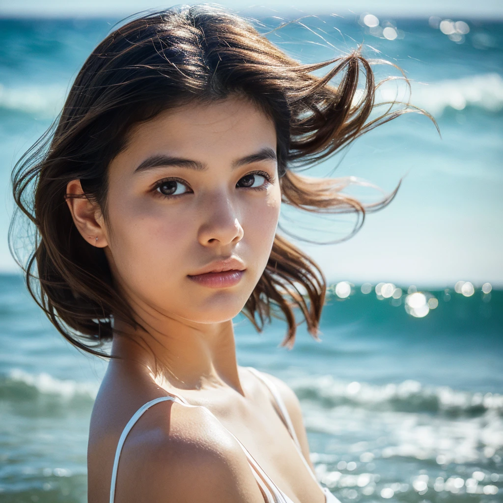 A hyper-realistic image of a single Japanese woman in her early 20s, captured with the nostalgic warmth and subtle graininess of a film camera, with the focus on her upper body from the shoulders up against a serene seaside backdrop. Her skin has a warm beige tone with a natural, slightly rough texture that includes visible pores, fine lines, and subtle imperfections such as small blemishes, adding to the authenticity of her appearance. The soft, diffused natural light reflects off the ocean waves, casting gentle, warm shadows across her face and shoulders, enhancing the film-like quality and creating a timeless, organic feel. Her straight, glossy black hair is slightly tousled by the ocean breeze, naturally framing her face, and her deep brown eyes reflect the soft light of the seaside, adding depth and emotion. The background subtly captures the peaceful ocean scenery with a glimpse of rolling waves and a faint horizon, blurred to maintain focus on her expression. The film camera effect introduces a slight grain and a softer focus, giving the image a warm, nostalgic atmosphere while maintaining the realistic texture of her skin. She is wearing a light, airy top that complements her natural beauty and the beach setting, with the overall composition designed to evoke a sense of genuine, understated elegance and connection with nature.
