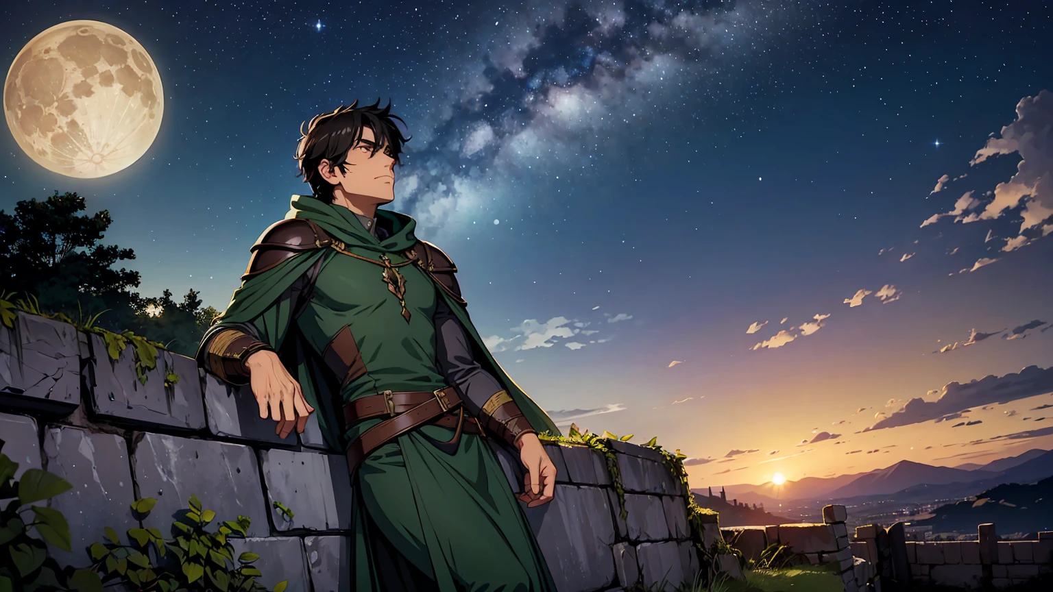 A rugged male adventurer with short dark hair, relaxing on the edge of an ancient castle's balcony under a starry night sky. He is wearing worn leather armor with a dark green cloak draped over his shoulders. He leans back against the stone wall with a relaxed and content expression, one leg stretched out and the other bent, gazing up at the expansive night sky filled with countless stars and a bright, glowing moon. The castle is partially in ruins, with ivy creeping up the stone walls, adding to the sense of ancient mystery. The atmosphere is calm and peaceful, with a gentle breeze rustling the leaves and the soft sounds of night creating a serene and contemplative mood.